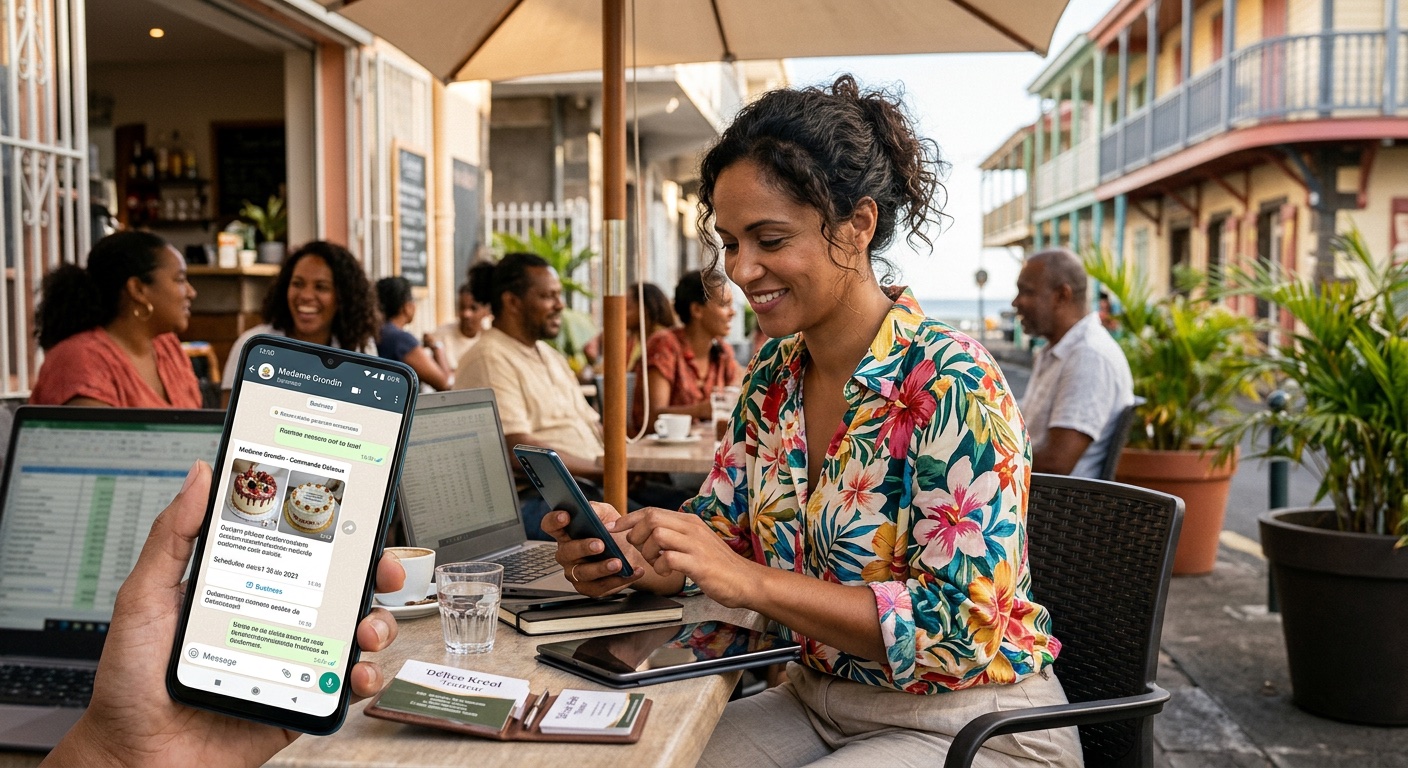 Entrepreneur réunionnais utilisant WhatsApp Business pour gérer sa clientèle